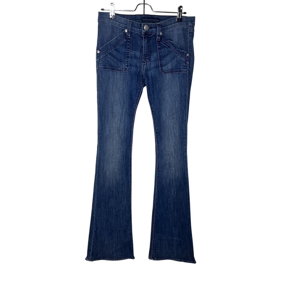 Rock & Republic Edie Flare Jeans Button Flap Pocket Blue Wash Tall Size 28x36